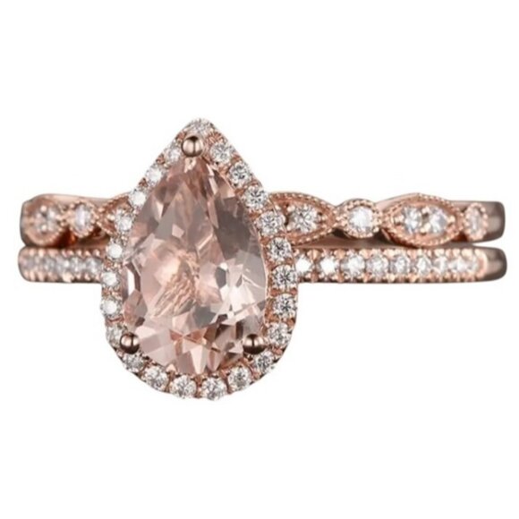 Pear Water Drop Shaped Engagement Ring Set Morganite Bridal Set Rose Gold Halo - Picture 3 of 4